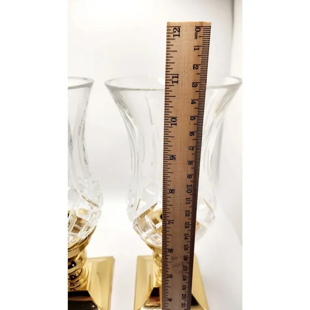 Waterford Lismore Crystal & Brass Hurricane Candle Holders Pair w/Original Boxes